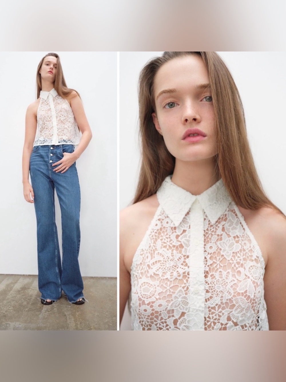 Zara Collared Crochet Top—Sz. M, Button Down, Halter Cut, Waist Length - Picture 3 of 13